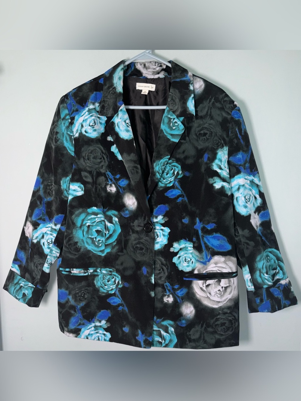 Susan Graver Women’s XL Velvet Floral Blazer Teal & Black One Button Front